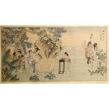 A Chinese painting of a narrative scene with a number of ethereal women together in a garden, with
