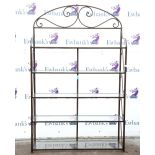 20th century iron shelves with scrolling decorations and five glass topped open sections. 120W x