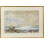 Late 19th / early 20th century watercolour of lady and child by a sailing boat on a beach with ships