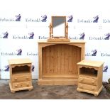 Pine open bookcase together with two pine bedside chests and a toilet mirror (4)