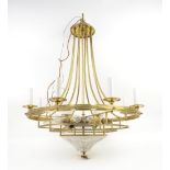 Gilt metal eight branch sixteen light chandelier, with glass shade to base, H90cm Diameter 69cm