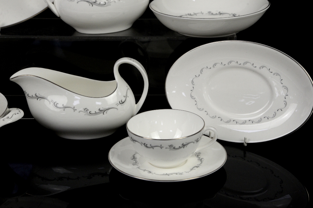 Royal Doulton Coronet dinnerwares with grey scrolling decoration on a white ground and silver rim to - Image 7 of 10