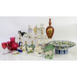 Decorative china and glass to include blue and yellow floral fruit stand, Royal Crown Derby vase