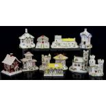 Coalport porcelain pastille burner houses, including 'Swiss Cottage', h7.5cm, 'Elizabethan Cottage',