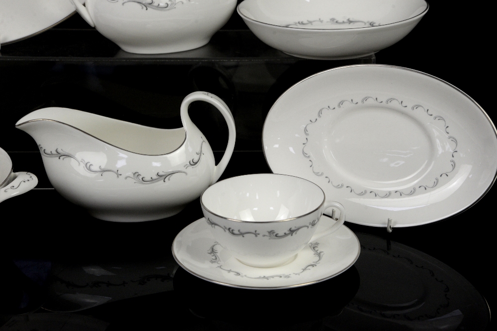 Royal Doulton Coronet dinnerwares with grey scrolling decoration on a white ground and silver rim to - Image 8 of 10