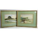 Two Japanese watercolours depicting rural cottages, both signed K. Shimizu, 22 x 30cm (2)