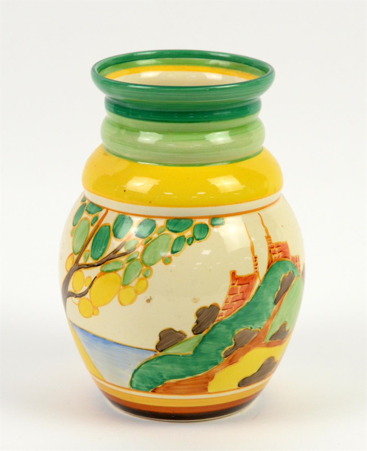 Clarice Cliff 'Secrets' Fantasque Bizarre vase, hand painted with a stylised coastal tree and - Image 6 of 8