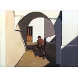 John Edward Wright (British, 1931-2013). Street scene with a man walking through an archway,
