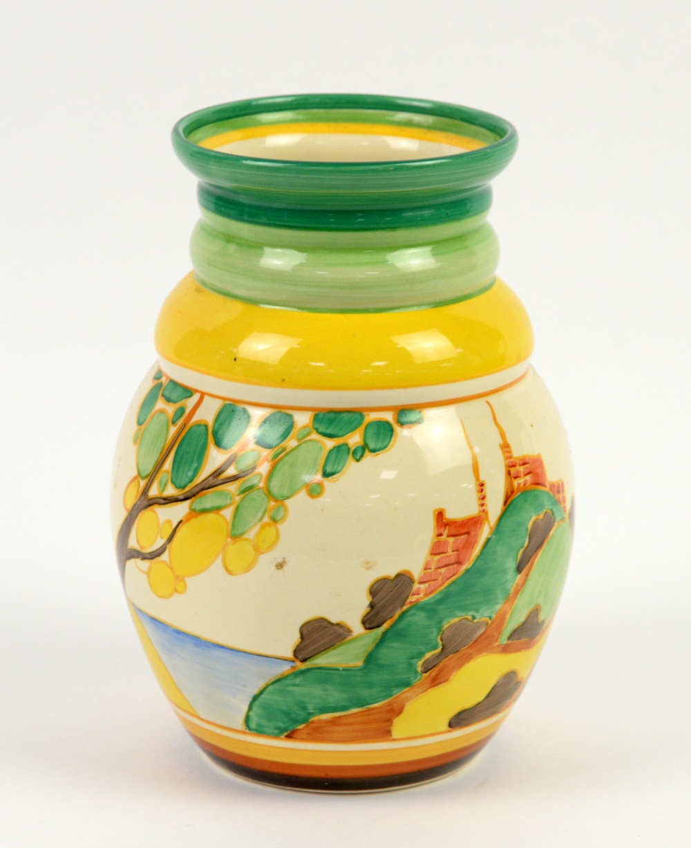 Clarice Cliff 'Secrets' Fantasque Bizarre vase, hand painted with a stylised coastal tree and - Image 2 of 8