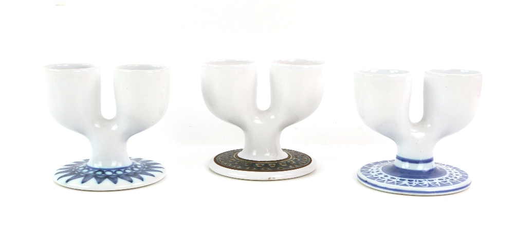 Troika pottery three double egg cups, one stamped 'Troika St. Ives' to base, h9 x w10.
