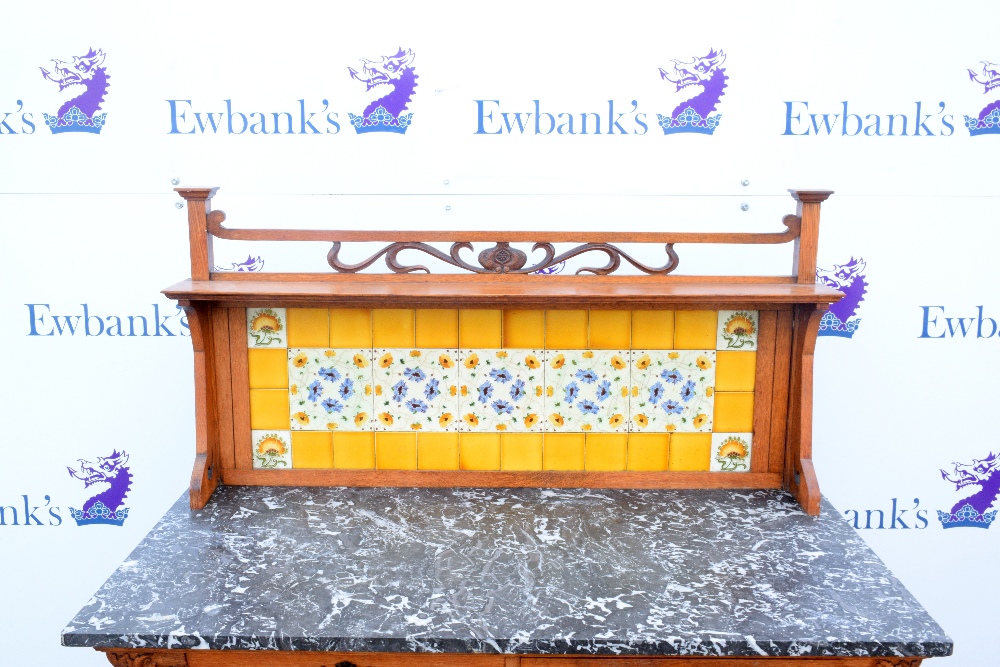 Art Nouveau oak washstand, the carved gallery with foliate decoration above a yellow tiled back, - Image 2 of 6