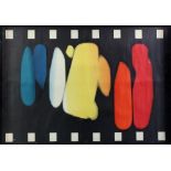 Contemporary print with blue, white, yellow, red and orange shapes on a black ground,