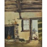 French oil on canvas depicting an interior with fireplace and a chicken by an open door, unsigned,
