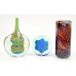 AMENDED DESCRIPTION Mdina glass, a mottle brown tall cylinder vase, h19cm, another vase with yellow