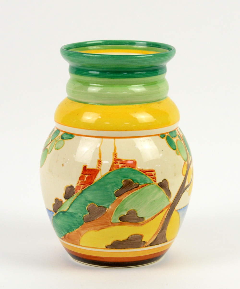 Clarice Cliff 'Secrets' Fantasque Bizarre vase, hand painted with a stylised coastal tree and