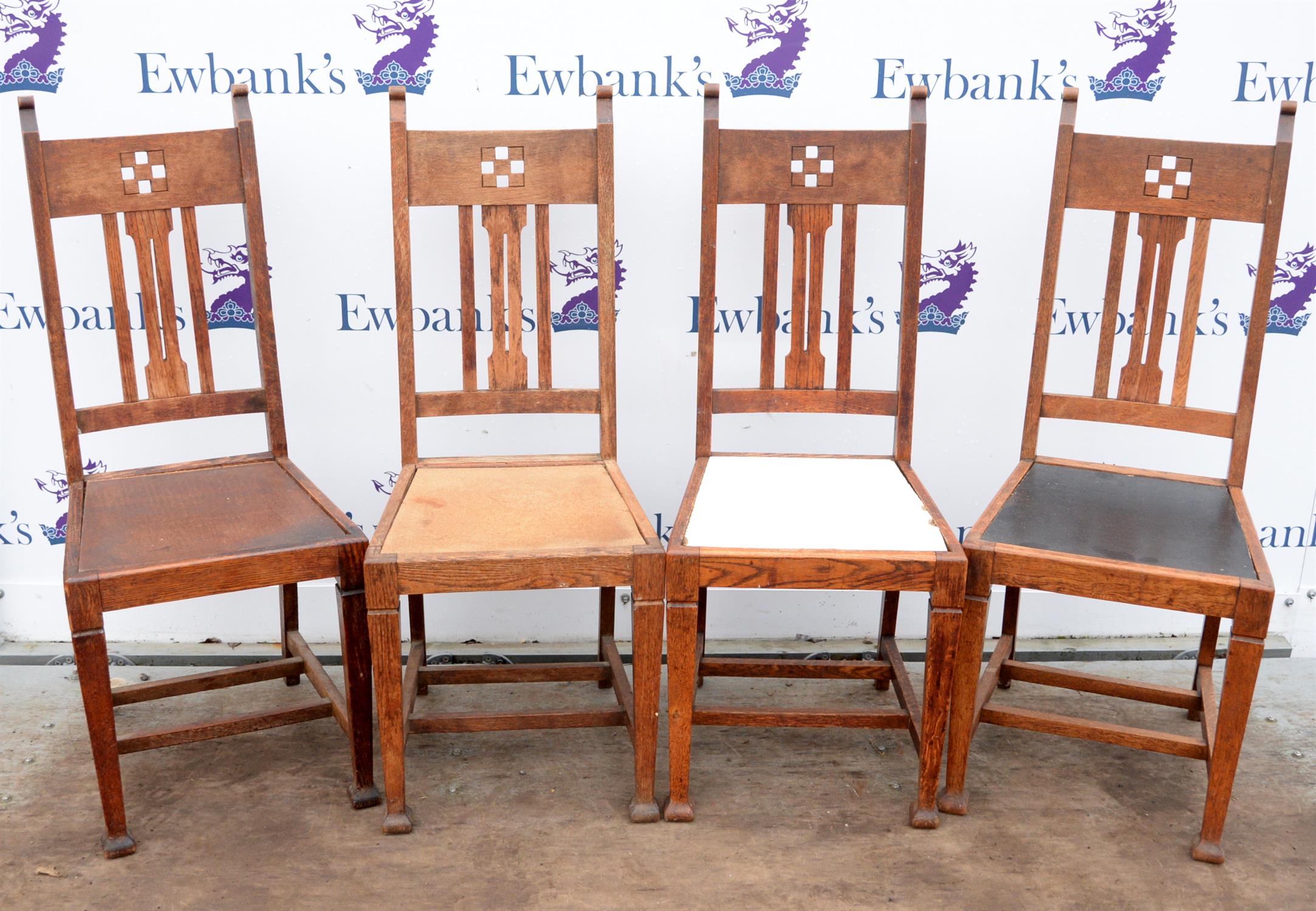 Four Arts and Crafts dining chairs, circa 1910, with pierced splat backs, H105cm - Image 2 of 2