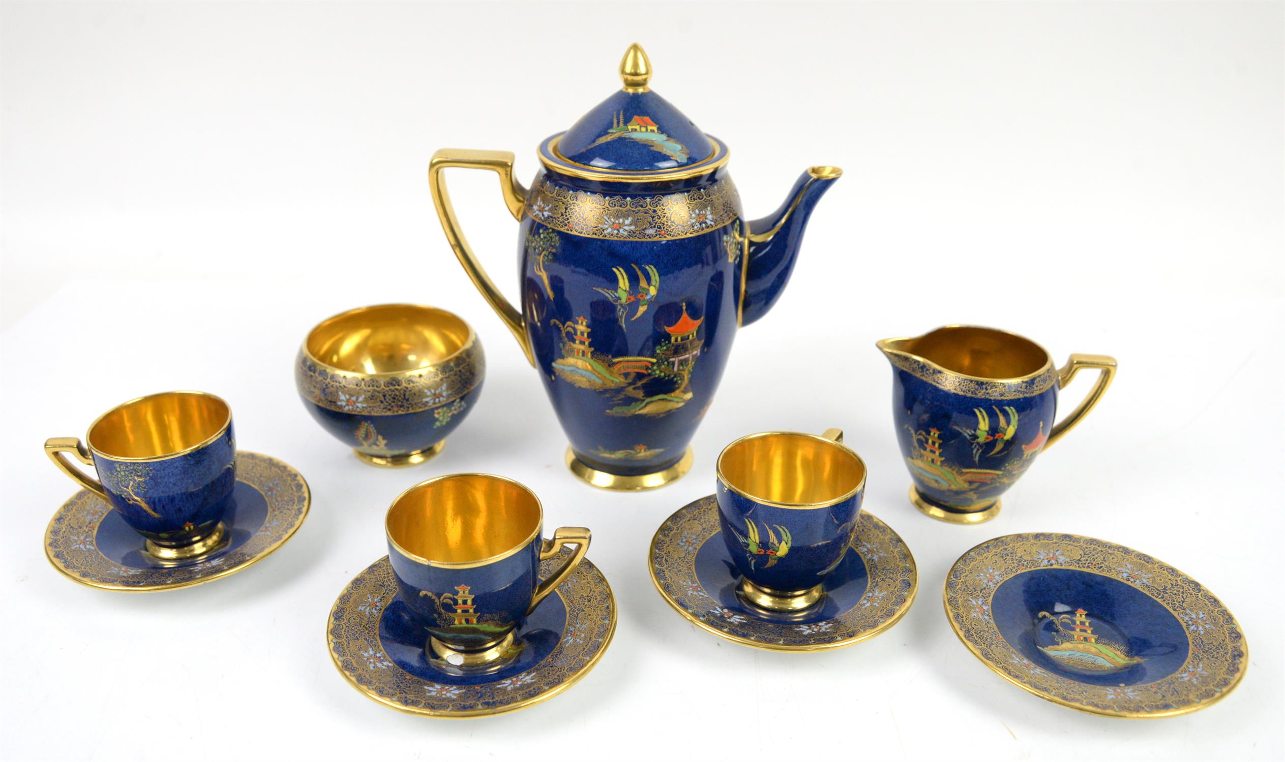 Carlton Ware pagoda pattern on blue ground, coffee pot, h20cm, cream jug, sugar bowl, - Image 3 of 4