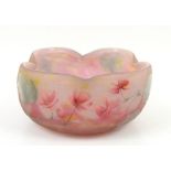 Daum Nancy 'violets' enamelled bowl, in pink glass with yellow inclusions, with pinched top rim,