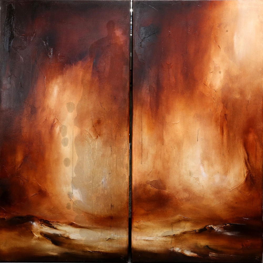 Contemporary British school, 'Burning Shimmer I' and 'Burning Shimmer II', pair of oil on canvases,