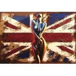 Chloe Rox (Contemporary British), Nude woman in handcuffs in front of Union Jack,