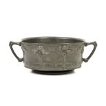 David Veasey for Liberty and co, Tudric pewter twin-handled bowl cast with a band of stylised trees