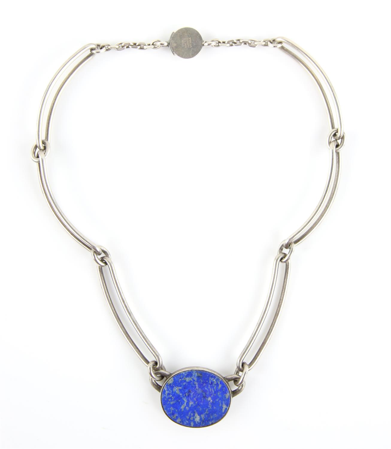 Niels Erik From necklace, central oval lapis lazuli panel 2.8 x 2.4cm, set in silver bevelled mount, - Image 3 of 4