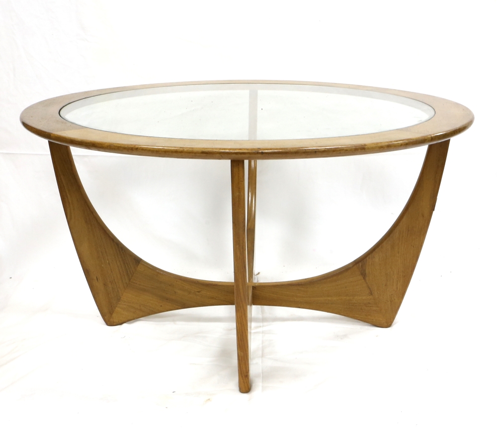 G-Plan 'Astro' coffee table, inset glass top on X-framed base, bearing 'G-Plan' label,