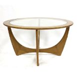 G-Plan 'Astro' coffee table, inset glass top on X-framed base, bearing 'G-Plan' label,
