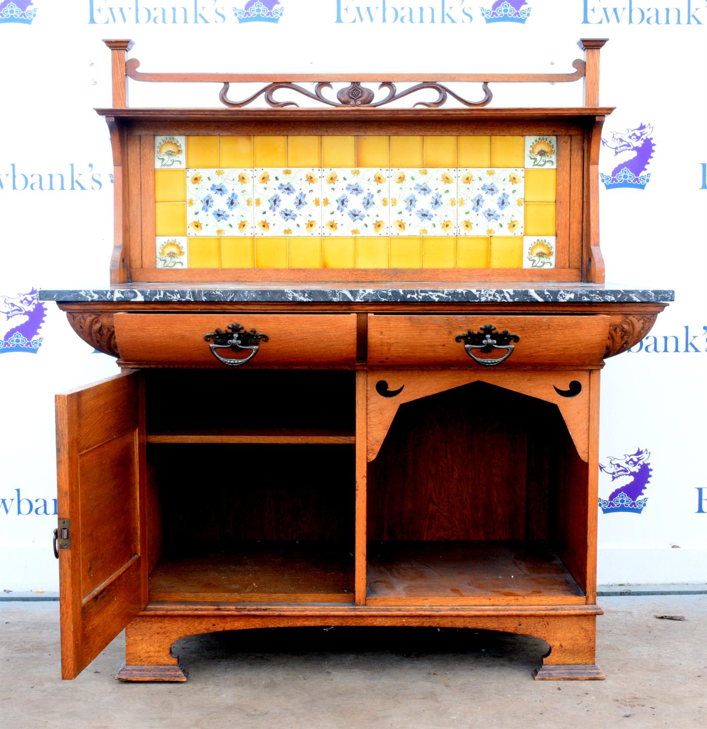 Art Nouveau oak washstand, the carved gallery with foliate decoration above a yellow tiled back, - Image 6 of 6