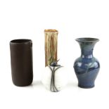 Huw Powell Roberts flared rim baluster vase with abstract design on a blue ground glaze,
