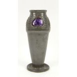 Liberty pewter vase with heart-shaped purple enamel plaques, circa 1905, marked ENGLISH PEWTER MADE