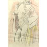 Charcoal and crayon sketch of a nude woman, unsigned, 35 x 23.5cm, together with a portrait by Ian