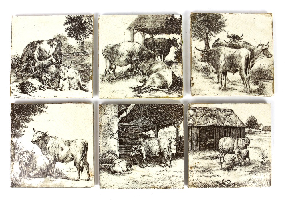 William Wise (1847-1889) for Minton China Works, set of six tiles depicting cattle,