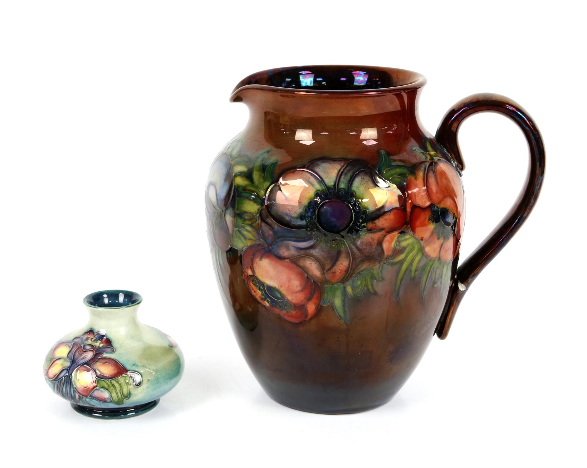 Moorcroft unusual brown flambe lustre glaze anemone jug, h20cm, and solifleur vase with orchid - Image 7 of 26