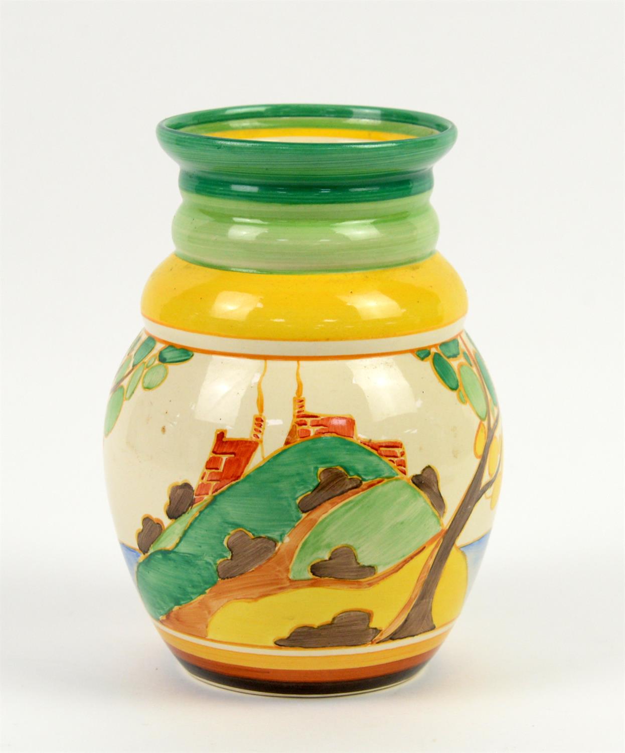 Clarice Cliff 'Secrets' Fantasque Bizarre vase, hand painted with a stylised coastal tree and - Image 5 of 8