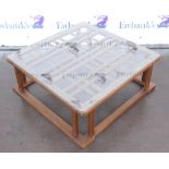 Japanese wooden coffee table with glass top, h32 x w82 x d82cm