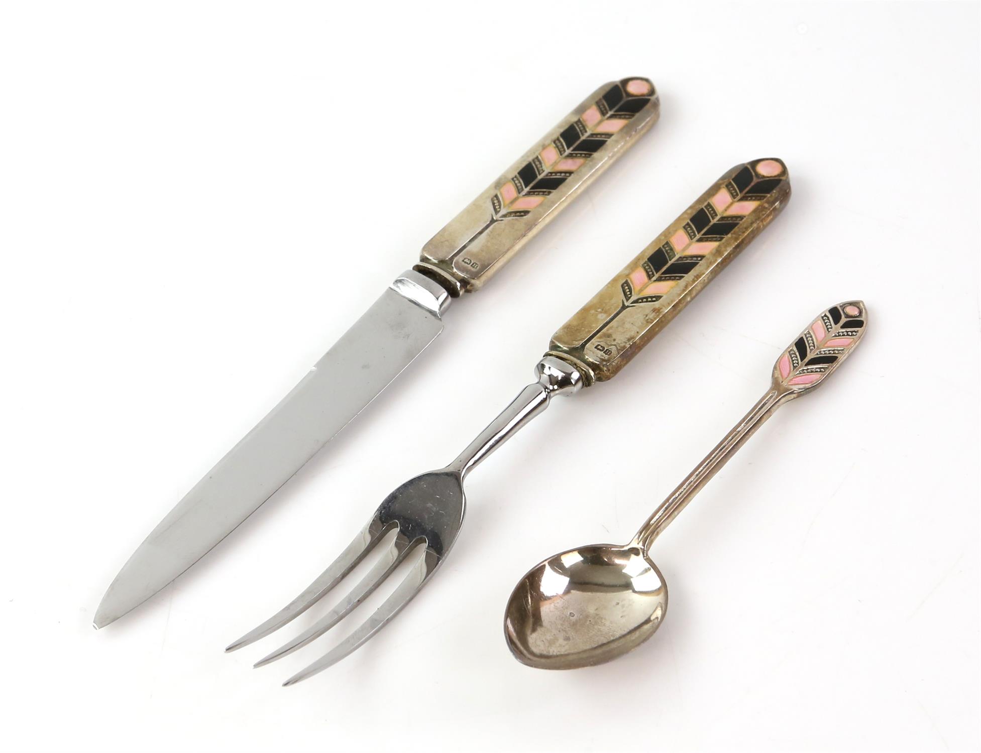 Art Deco silver fruit set with black and pink enamel decoration, hallmarks for Turner & Simpson, - Image 7 of 22