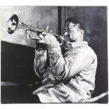 Contemporary monochromatic oil on canvas of Louis Armstrong playing the trumpet, unsigned, 56 x 61cm