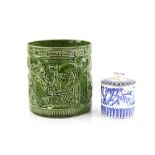 E J D Bodley Aesthetic Movement pot and cover with Japanesque blue and white transfer printed