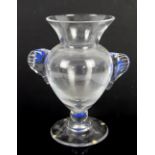 Monica Backstrom for Kosta Boda, large footed vase with twin handles, in clear with blue glass to