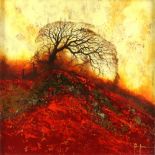 John Horsewell (Contemporary). Tree on a hill, mixed media, signed lower right, with label for