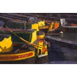 Antony Warren (20th century British), Moored Canal Boats, oil on canvas, signed lower right,