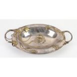 WMF fruit dish moulded with sinuous lily and dragonfly decoration in relief, twin handles,