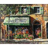 Michael J Sanders (British, b.1959). Street view of a flower shop, oil on board, signed lower right,