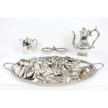 Selection of silver plated items to include coasters, large tray, flatware sets, tea service,