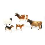 Beswick animals including two bulls with horns, Ickham Bessie h12cm and Newton Tinble h10cm, a ram,