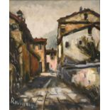 20th century oil on canvas of a street scene, indistinctly signed lower left, 59 x 48cm