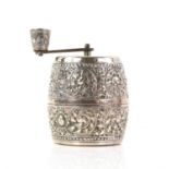 Continental embossed 900 grade silver pepper grinder of barrel form with French marlux grinding