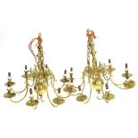 Pair of Dutch style eight-branch brass chandeliers, H65cm Diameter 70cm