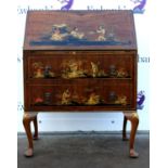 20th century mahogany bureau with Japanese painted scenes, the fall front with fitted interior